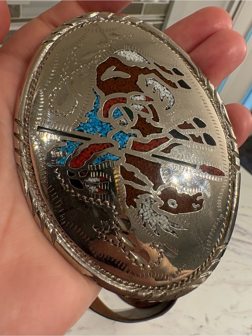 Vintage Native Belt Buckle with leather belt Turquoise stone chips southwestern - Picture 6 of 15